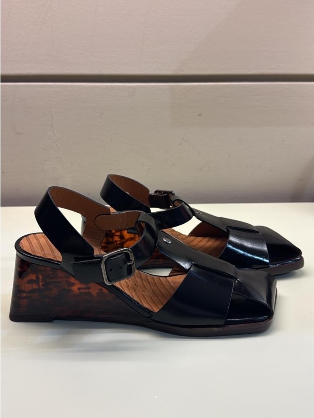 Chie Mihara Black Patent Leather Square-Toe Strappy Sandals - Picture 2 of 5